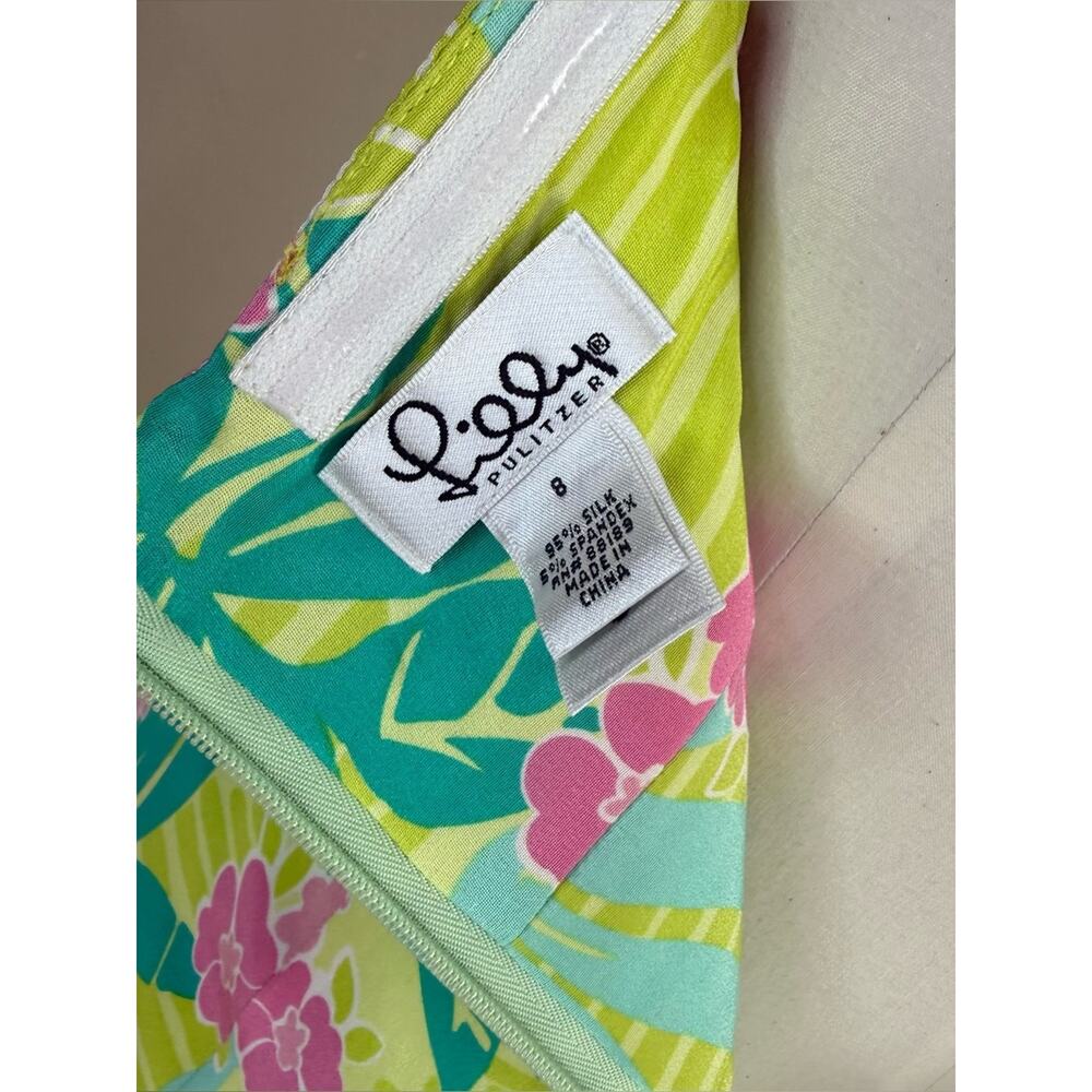 LILLY PULITZER VINTAGE Silk Lime Green Tropical Floral Halter Midi Dress Sz 8 - Picture 11 of 16